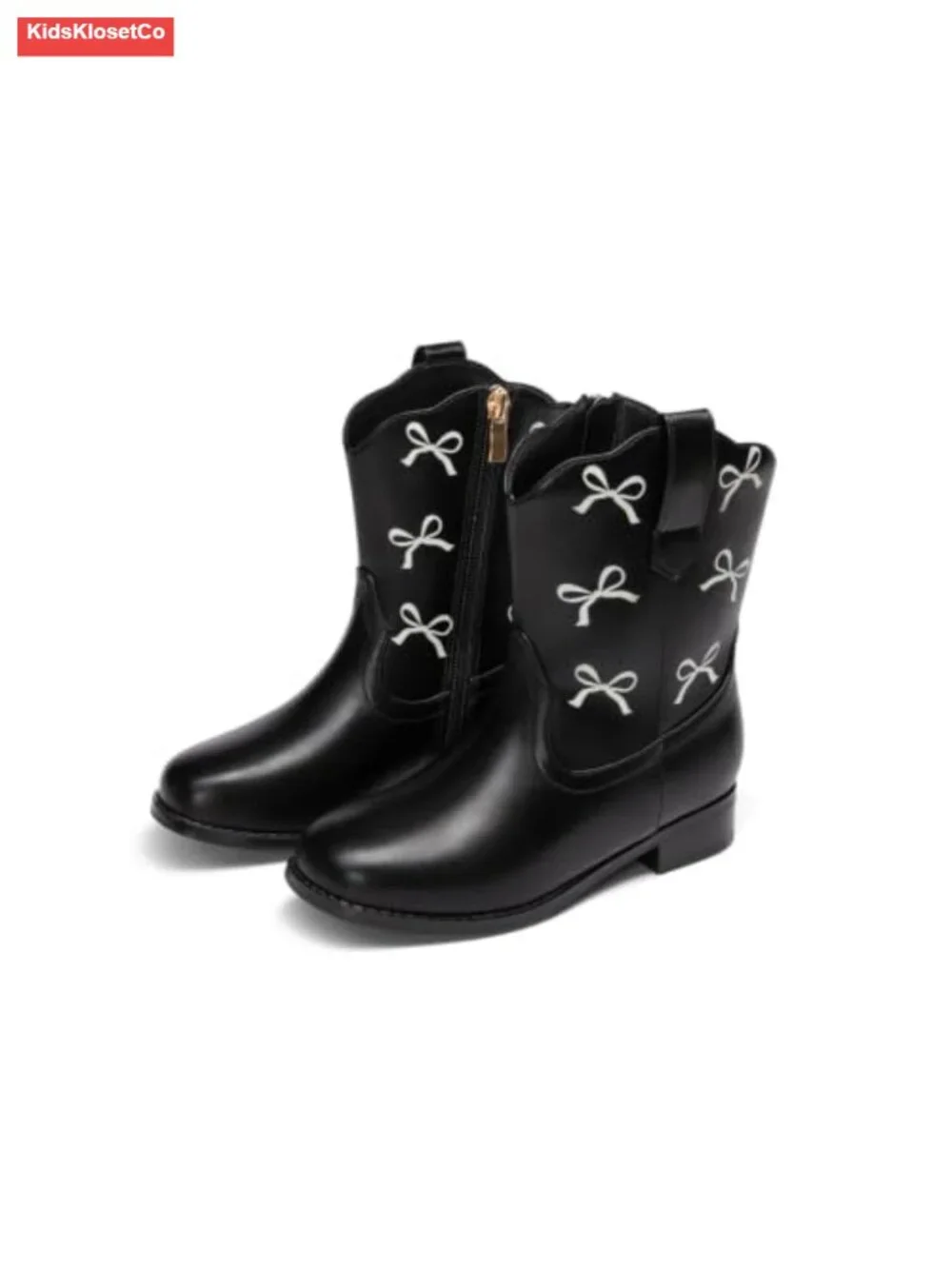 Girls Cowgirl Boots Western Square Toe Bow Mid Calf Faux Leather